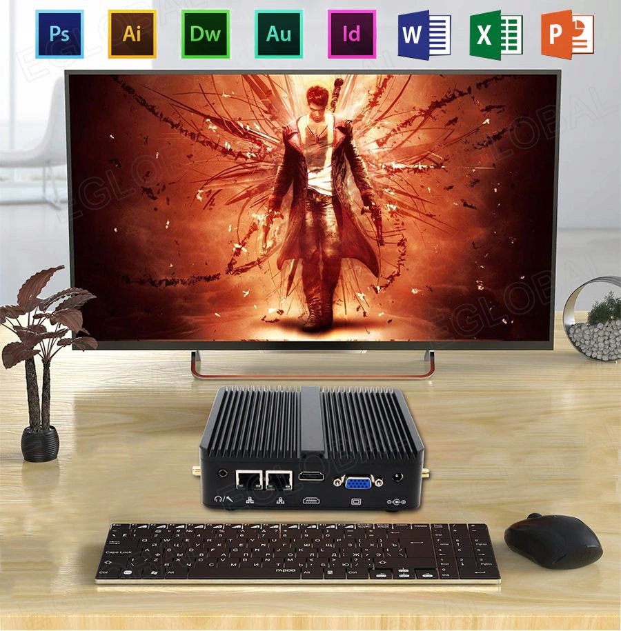 Przemysłowy mini PC Intel WiFi HDMI VGA 2xRJ45 RS Seria Intel Celeron