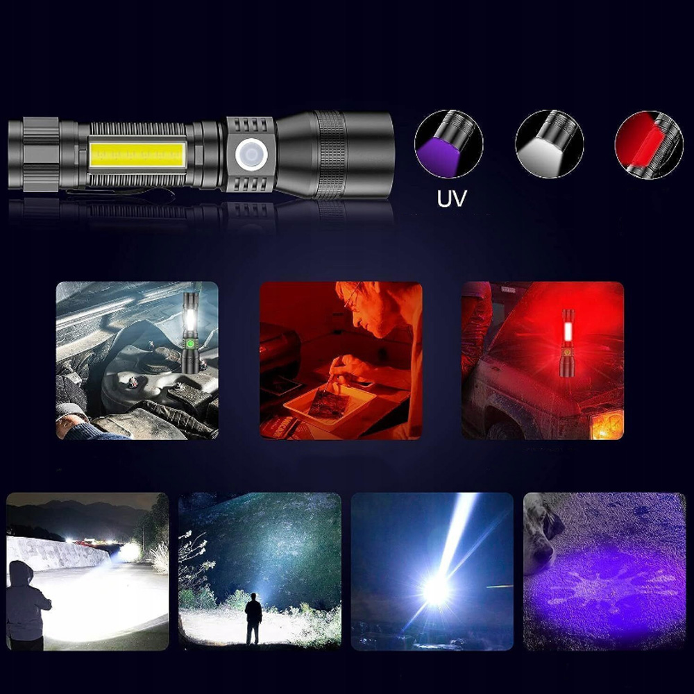 MOCNA LATARKA UV LED AKUMULATOROWA TAKTYCZNA ZOOM USB ŚWIATŁO ROBOCZE COB Źródło światła LED