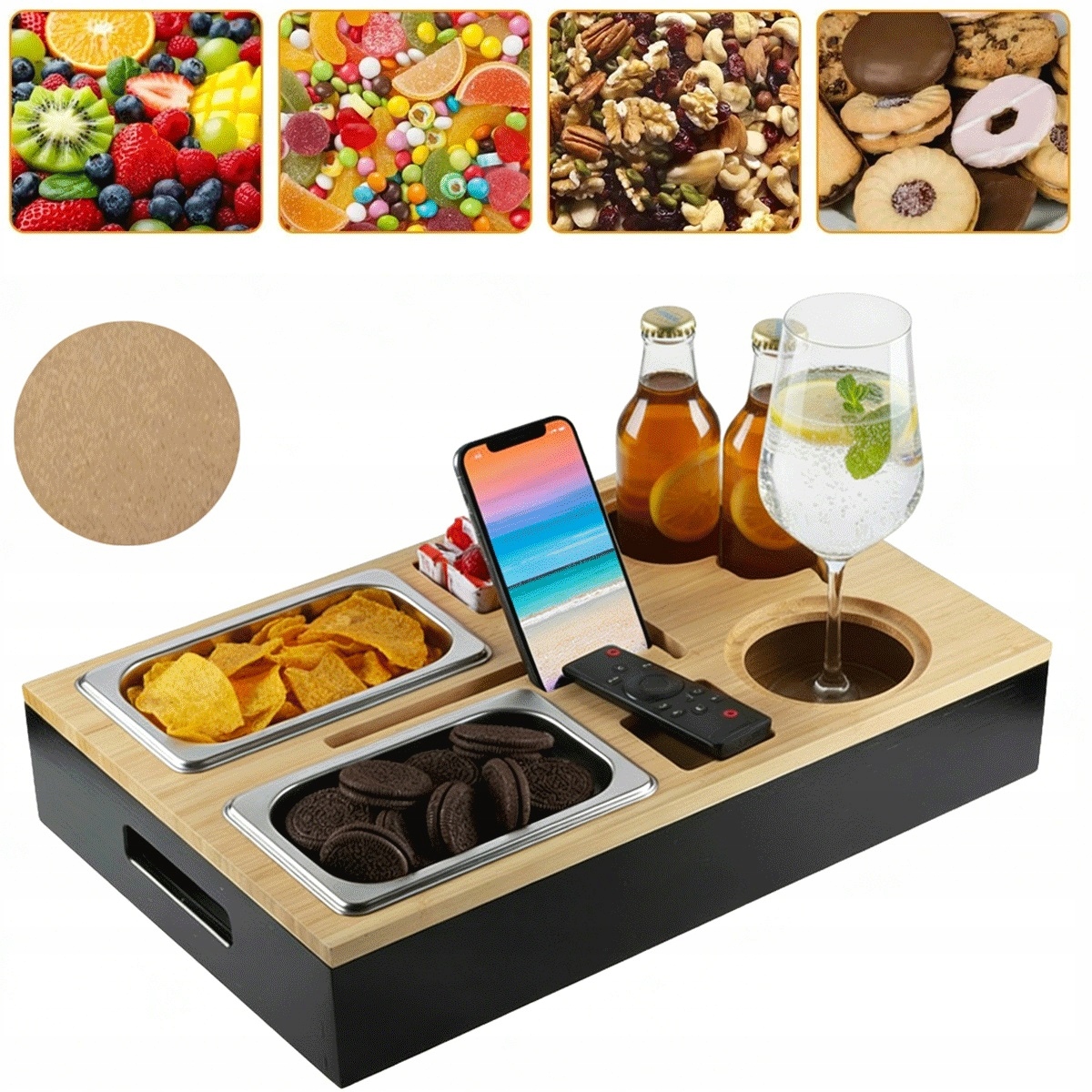 Bambusový organizér se 2 miskami a korkovými víčky do baru a kavárny