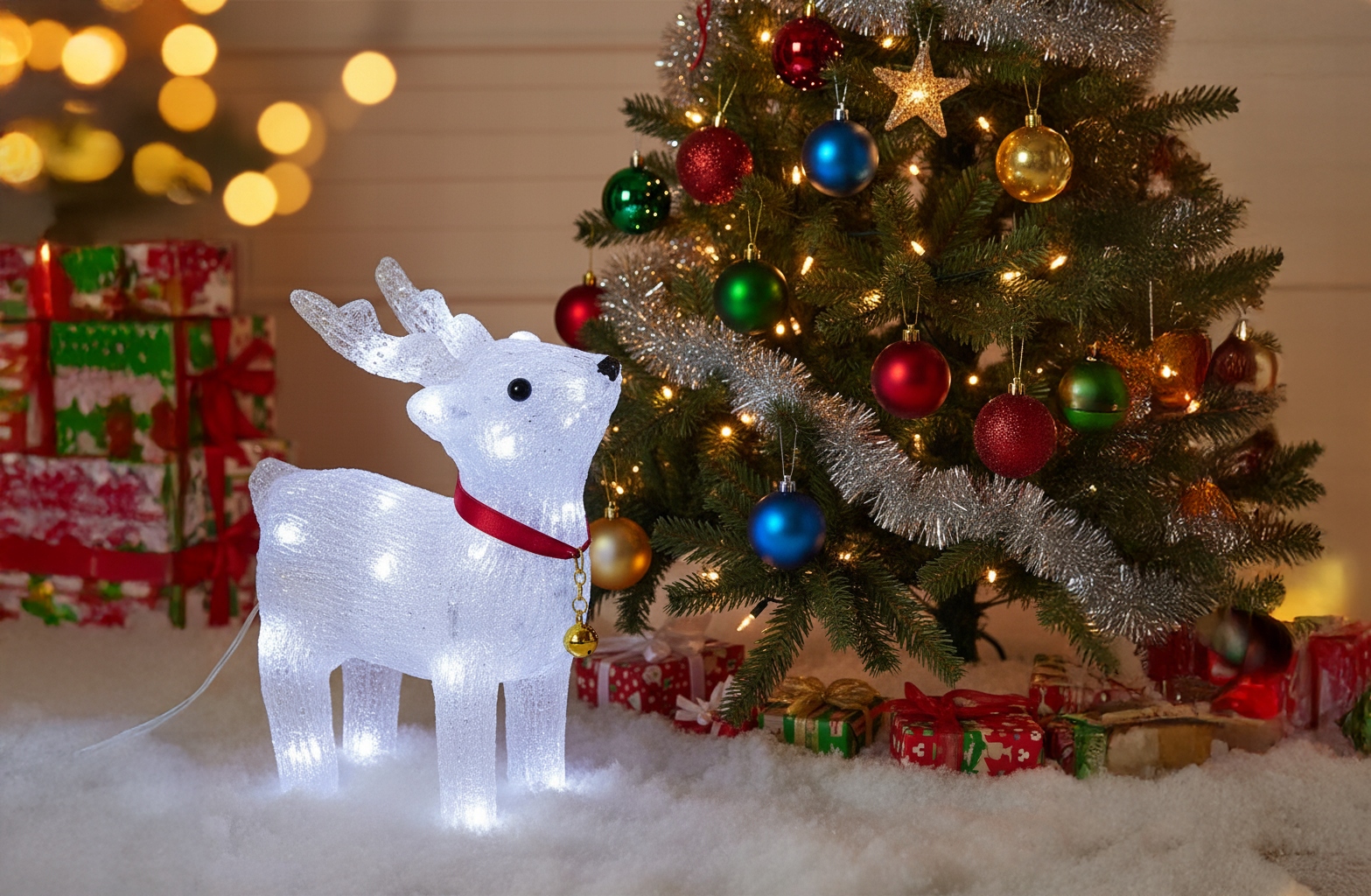 OZDOBA ŚWIĄT ŚWIĄTECZNA RENIFER AKRYL LED 3D BIAŁY ZIMNY NA PRĄD 23CM Kolor biały czerwony