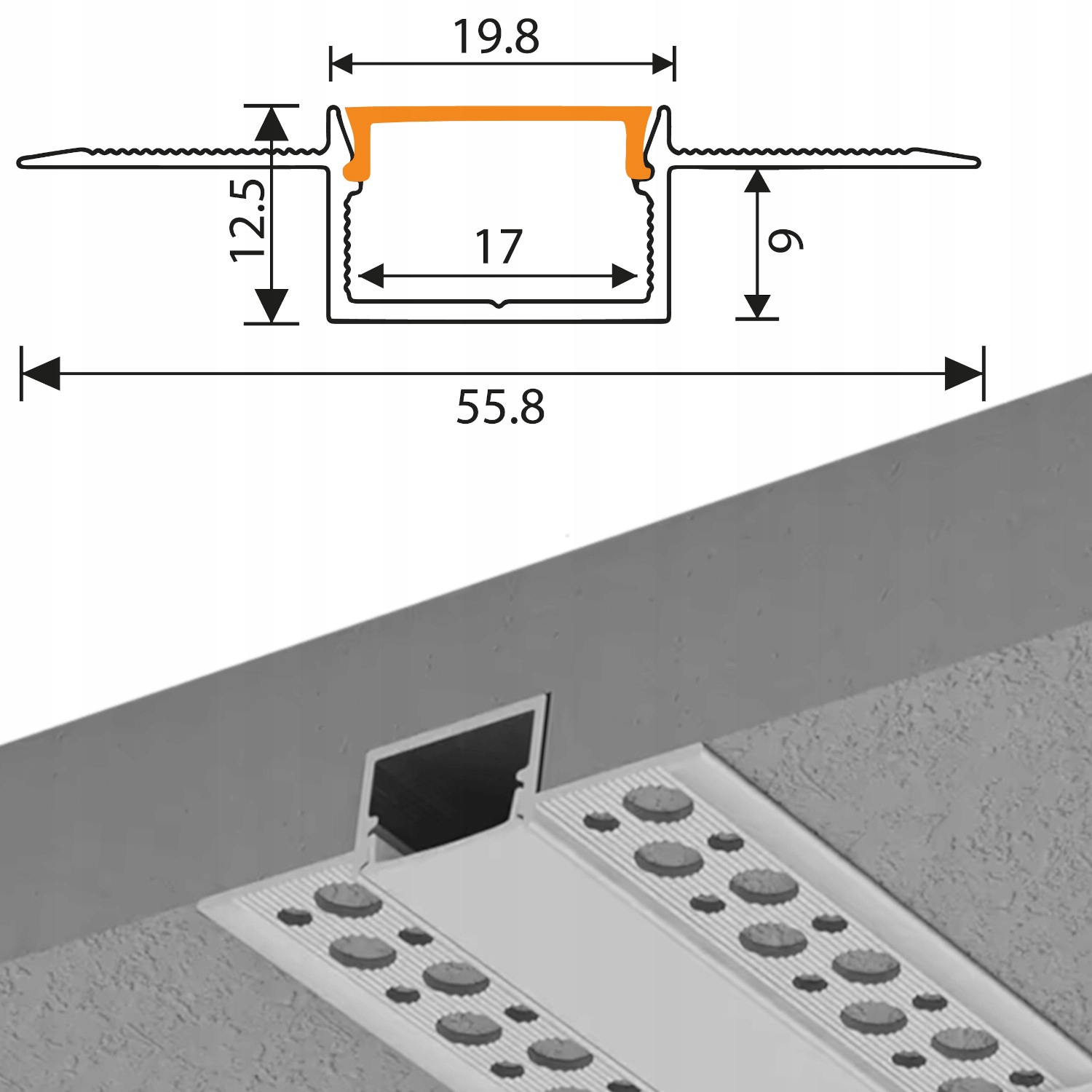 Profil LED Aluminiowy 1m Wpuszczany Do GK Karton Gips 17mm Szeroki Zestaw Typ profil do LED