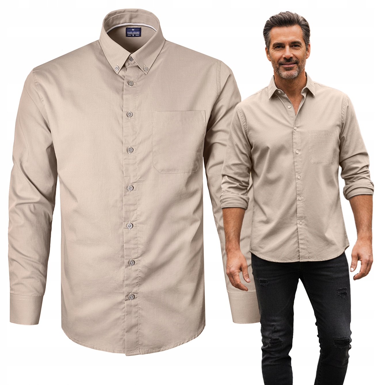 Pánská bavlněná košile s dlouhým rukávem Slim Fit Béžová XXXL Pako Jeans