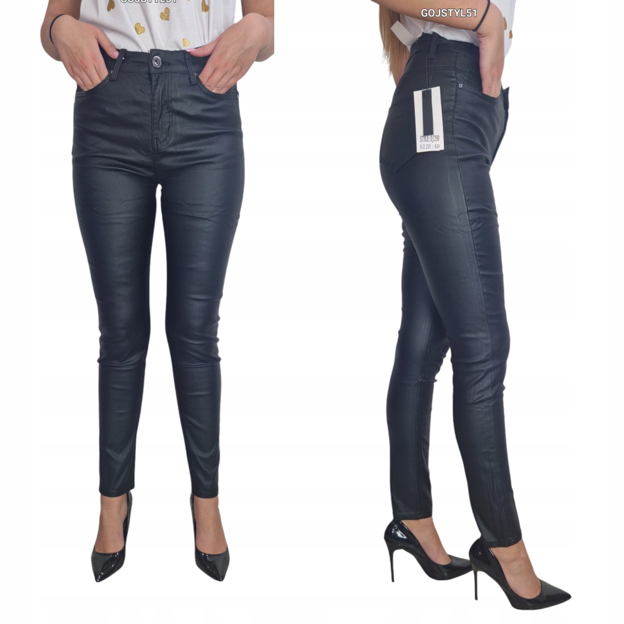 Damskie Spodnie Woskowane Dopasowane Ekosóra Czarne Plus Size