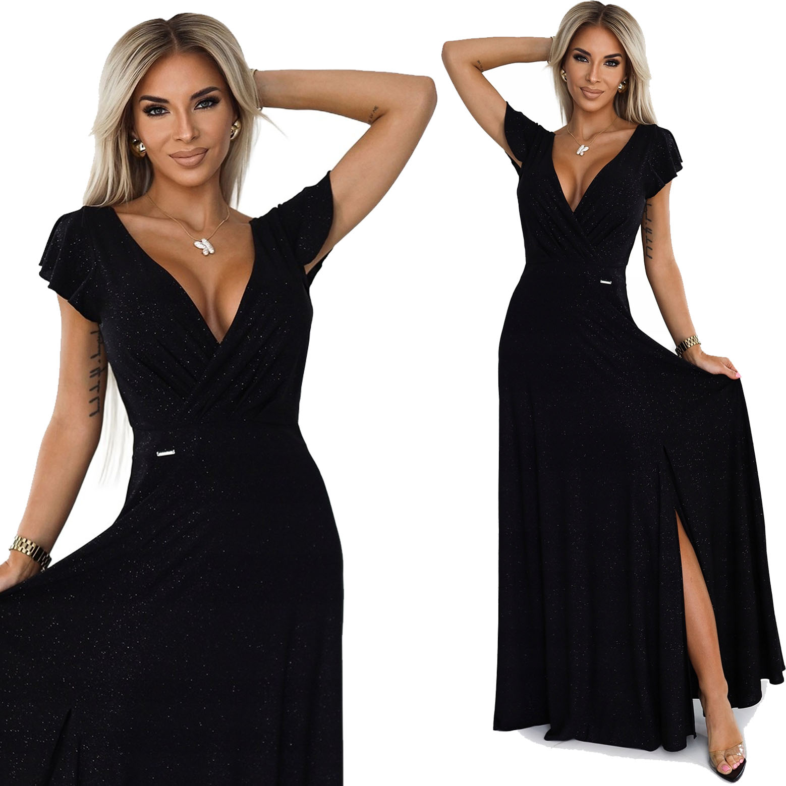 Efektní Dlouhé Maxi Plesové Šaty S Zavinovacím Výstřihem, Třpytky, Černé, 2XL