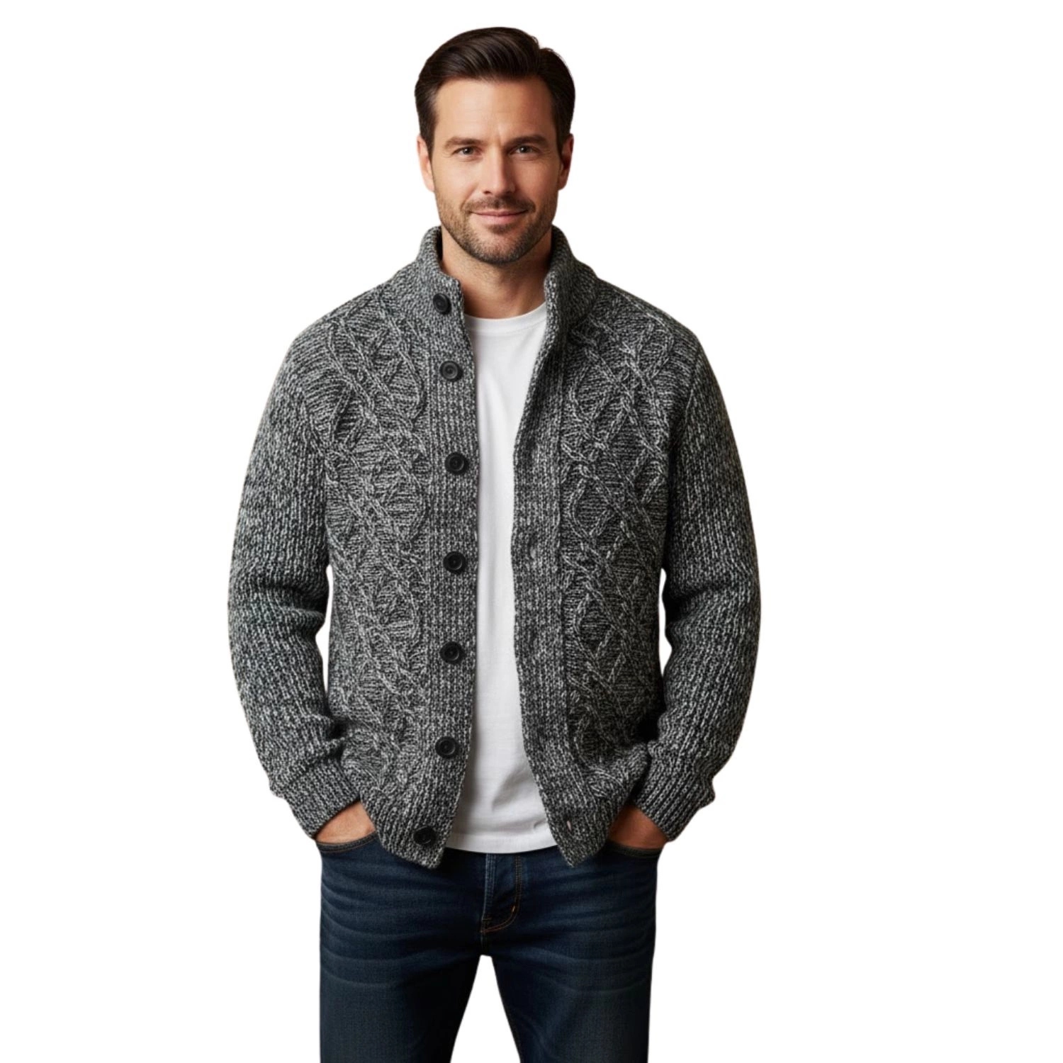 Pánský svetr Hopenlife Eustache šedý melír s klasickým zapínáním vel. S