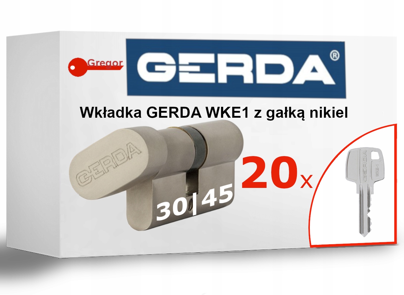 20 Kluczy Wkładka zamek Gerda WKE1 G30/45 nikiel z gałką 20 kluczy