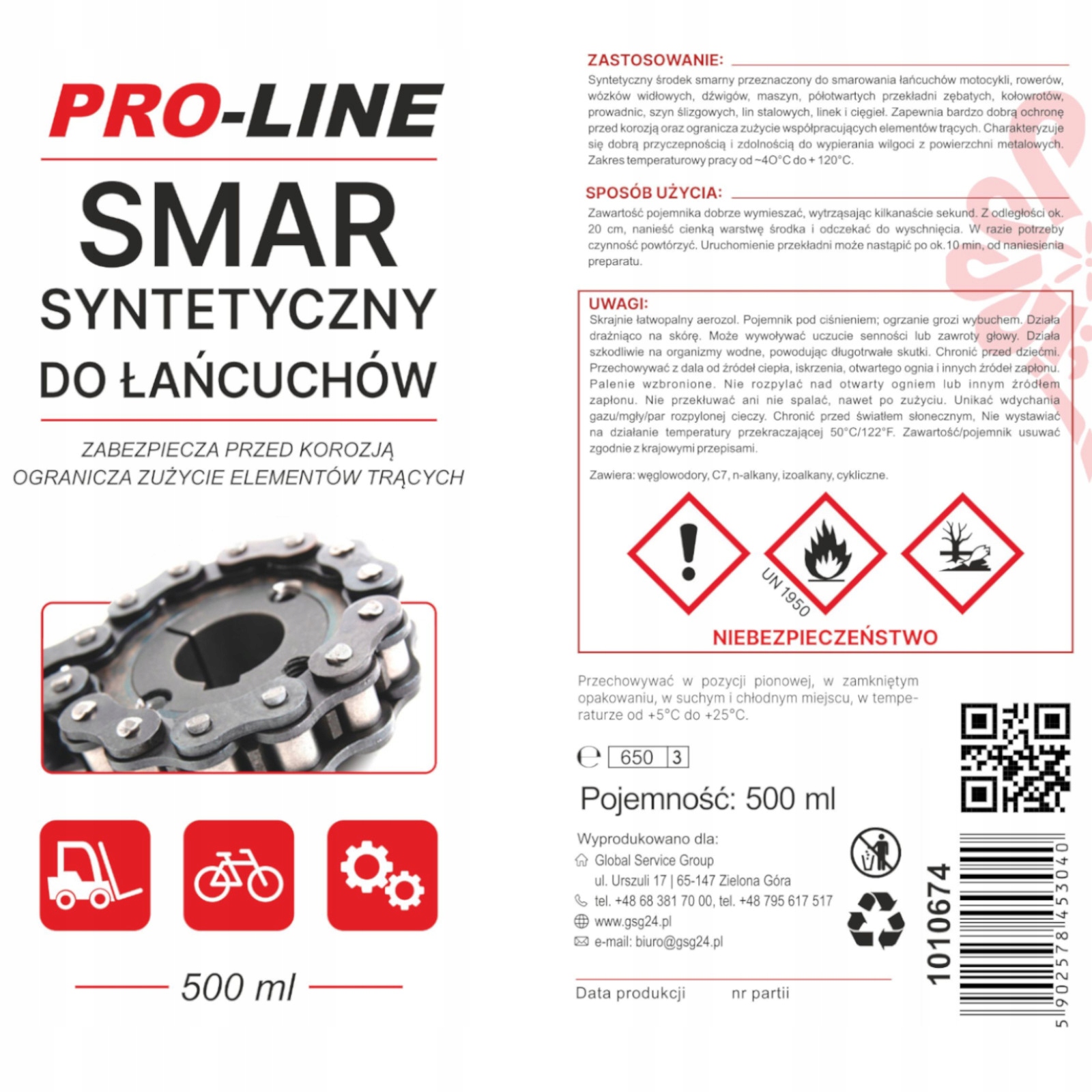 Syntetyczny smar do łańcuchów PRO-LINE spray 500ml Producent Inny