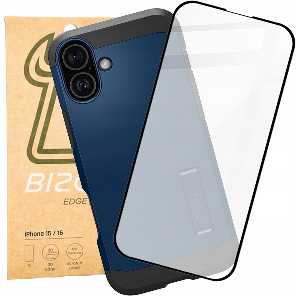 Pouzdro sklo pro iPhone 16, Spigen, Bizon zadní kryt s podstavcem, sklíčko, pouzdro