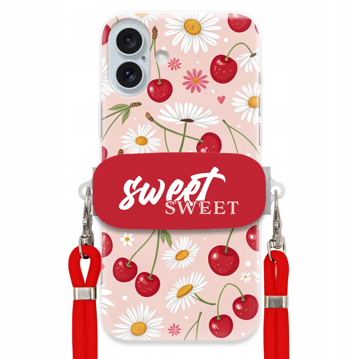 Puzdro pre iPHONE 16 Plus Červené vodítko Crossbody držiak Sweet Kvet čerešne