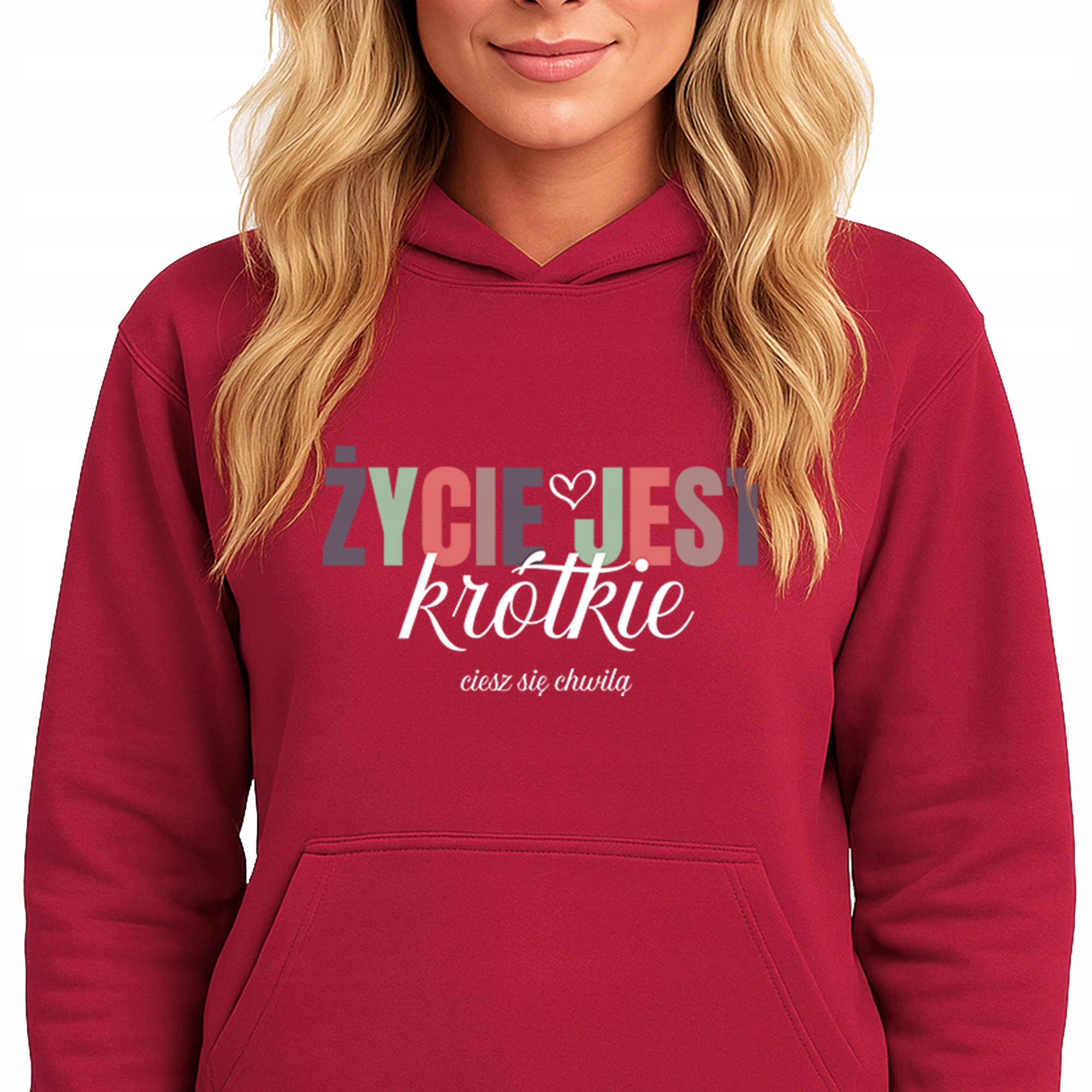 Mikina S Kapucí Červená Hoodie Bavlněná Život je krátký M