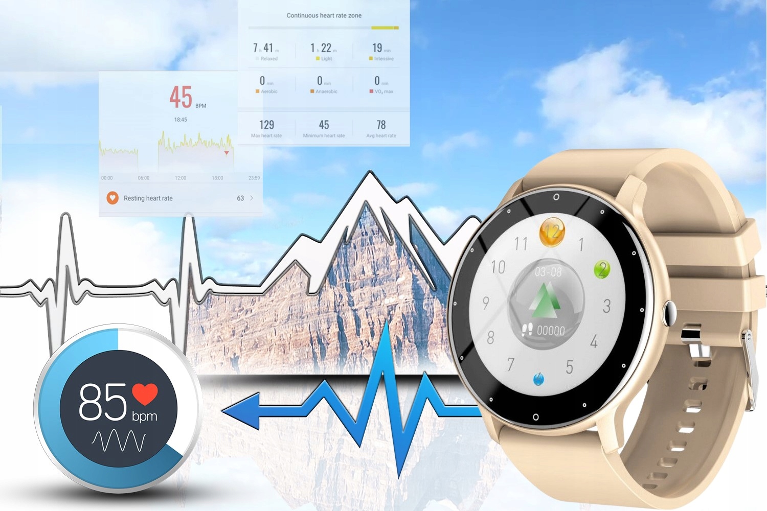 SMARTWATCH DAMSKI RUBICON MENU PL CIŚNIENIE SMS Kolor beżowy