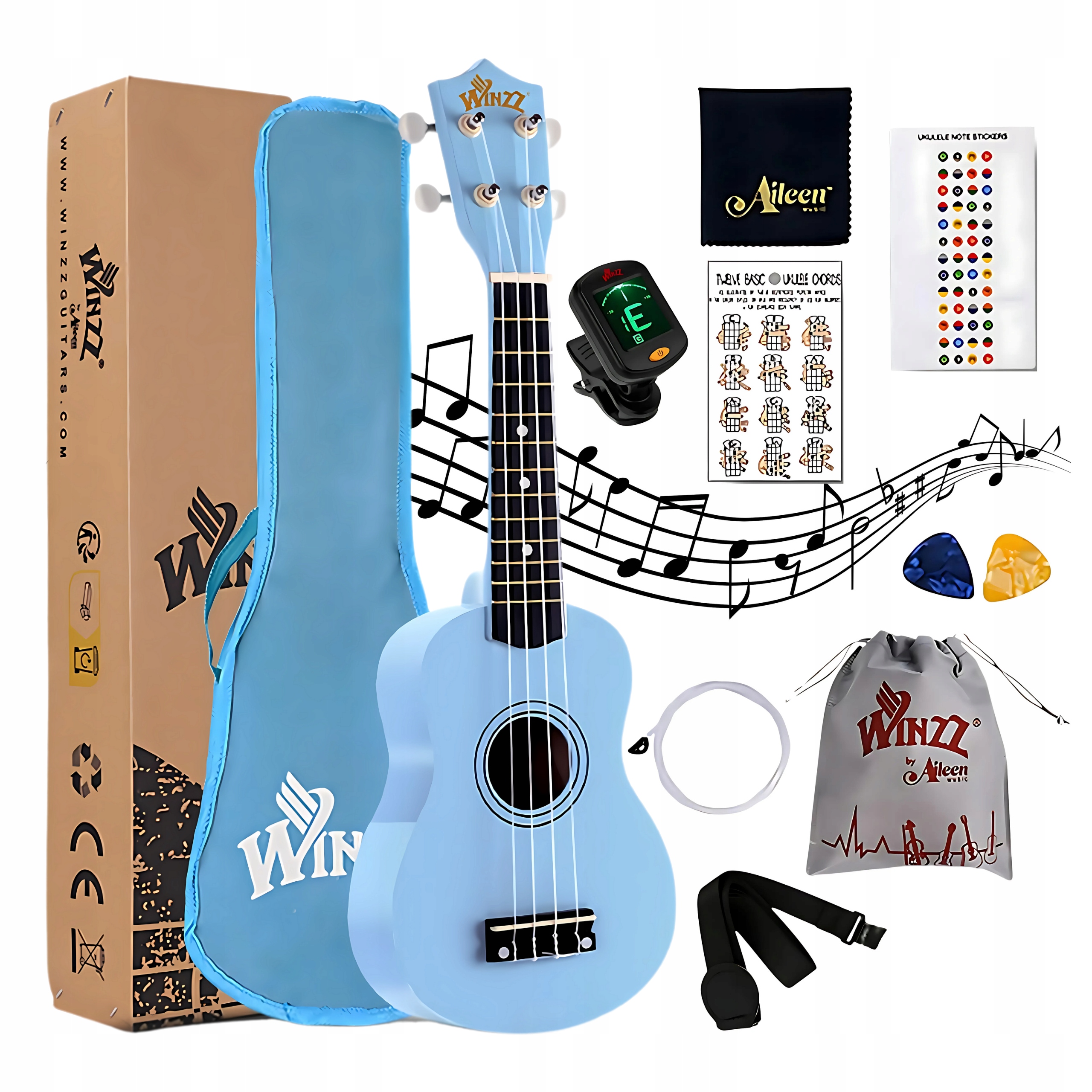 Sopránové ukulele Winzz 21 palců Světle Modrá Začátečnická sada Obal
