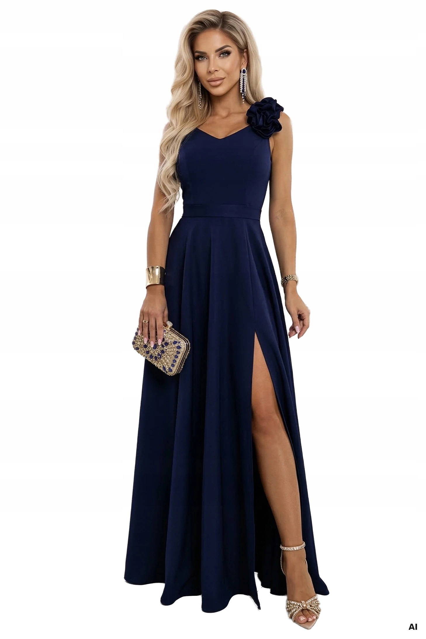 Tmavě modrá Elegantní večerní maxi sukně s rozparkem a růžemi