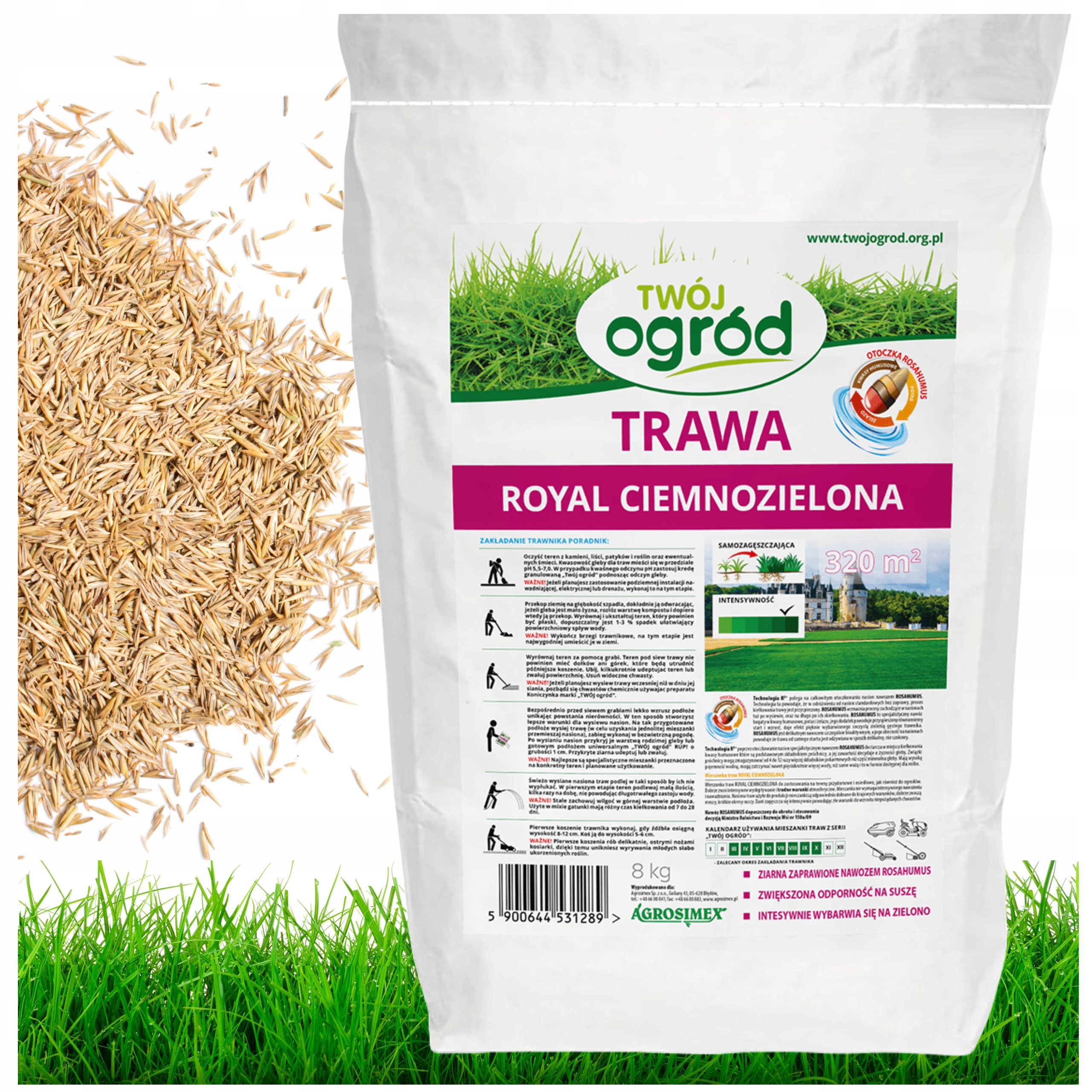 NASIONA TRAWY TRAWA CIEMNOZIELONA PREMIUM ROYAL Z ROSAHUMUSEM 8KG 320m2