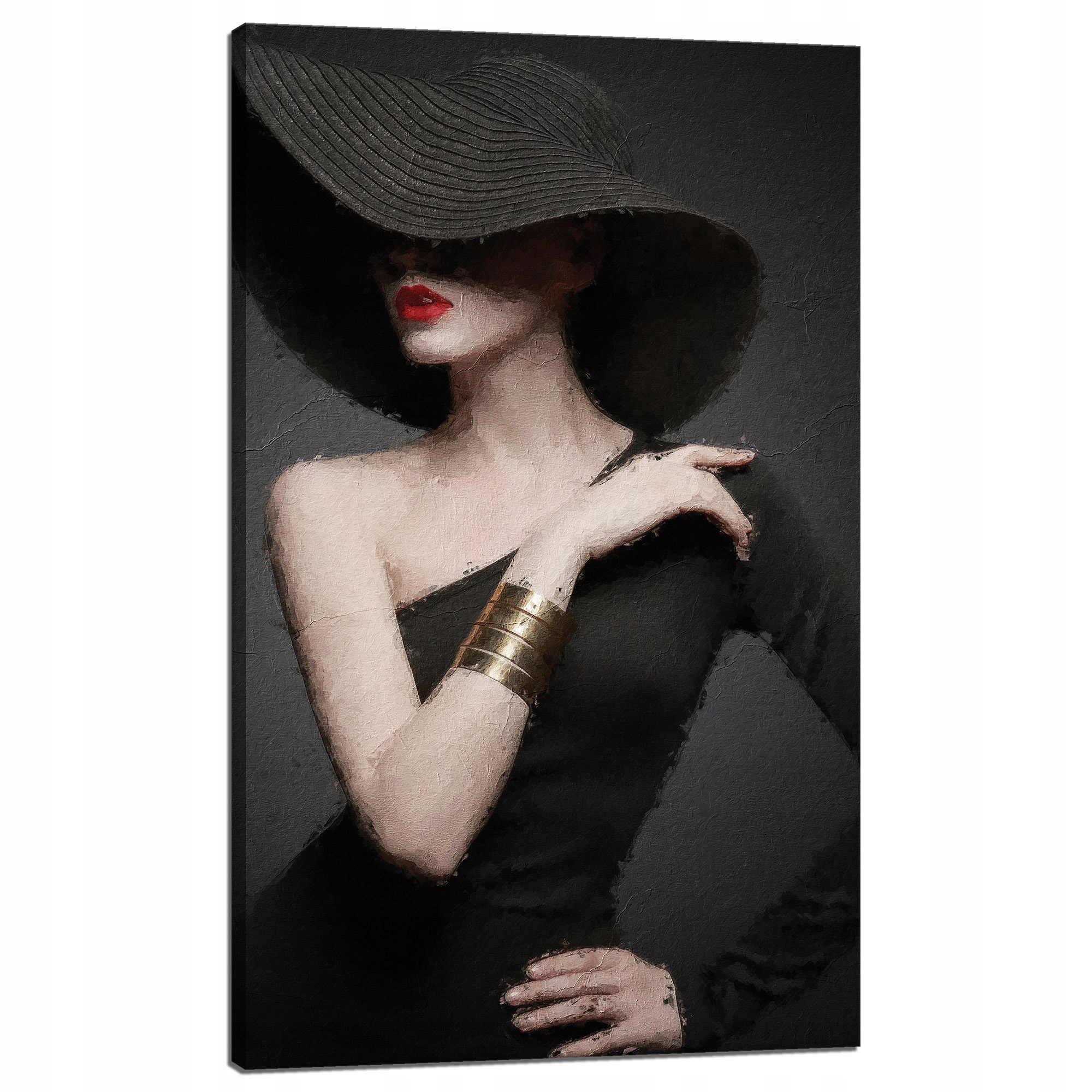 Obraz na plátně Elegantní Žena Černý Klobouk Červené Rty 60x100 cm