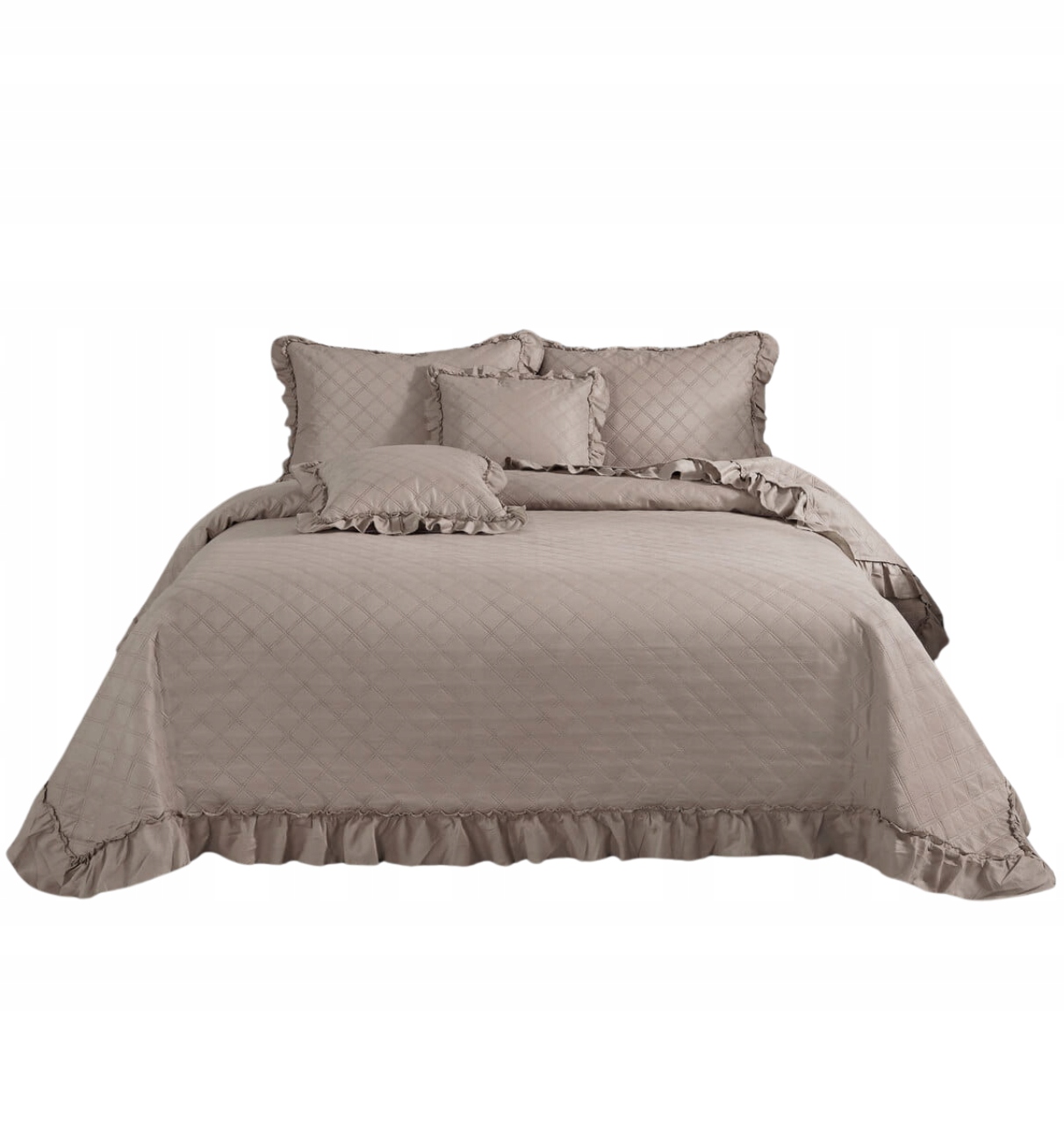 Dekorativní přehoz Ruffy 240x220 prošívaný s volánkem taupe