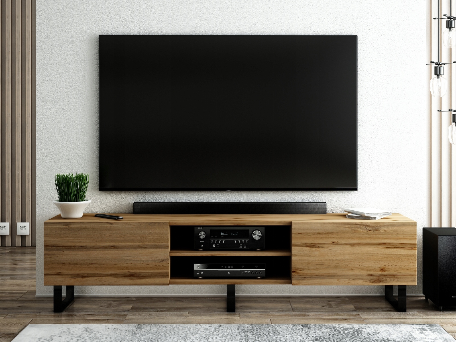 SZAFKA RTV LOFT 180 DĄB WOTAN / CZARNY MAT STYL INDUSTRIALNY, NOWOCZESNY Kolekcja LOFT