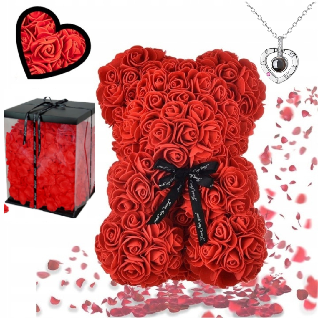 Medvedík Z Valentínskych Ruží Prémiový Darček Pre Manželku 25 CM, Výplň Náhrdelník