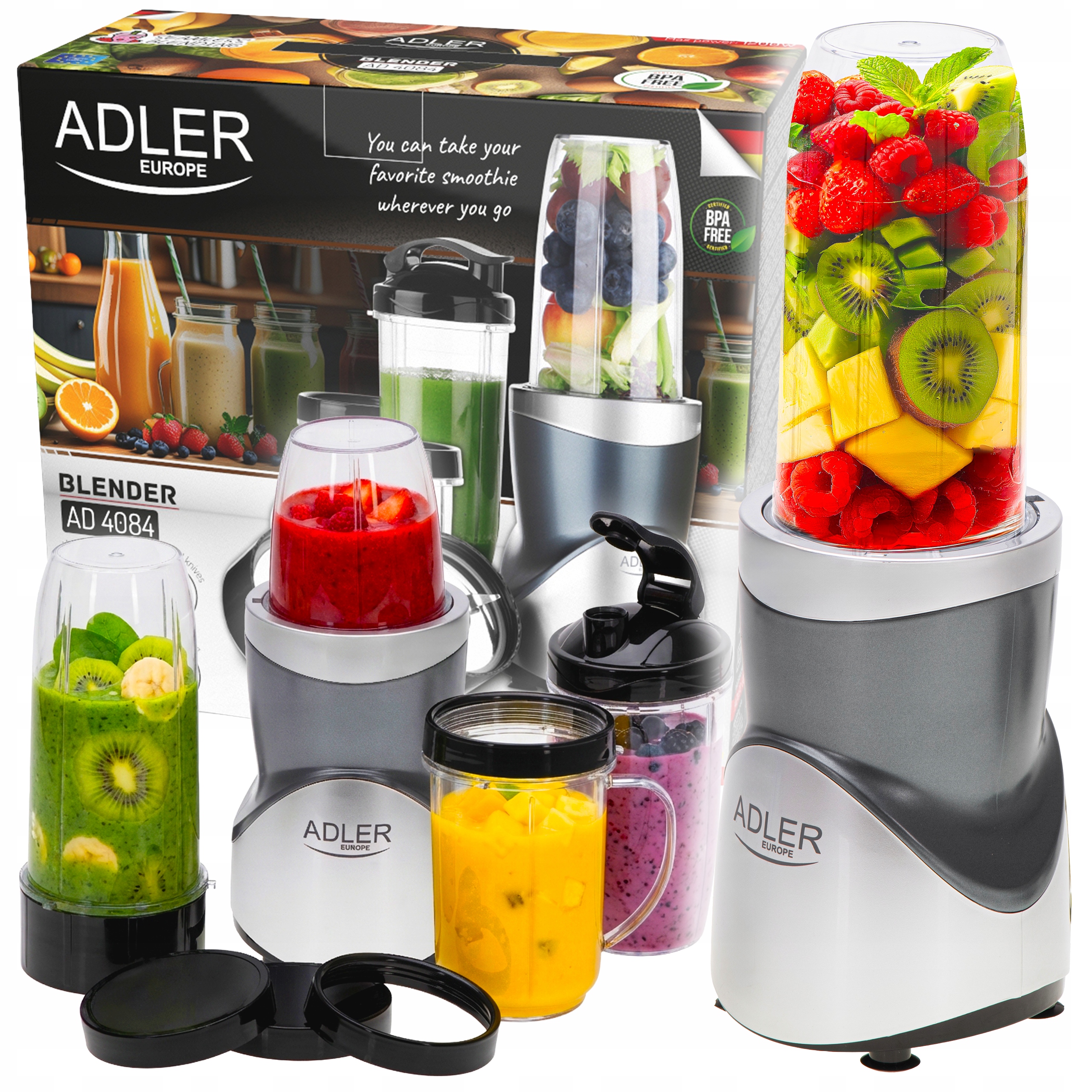 Blender Kielichowy Do Smoothie Koktajli 1200W 4 Bidony Butelki 4w1 Srebrny