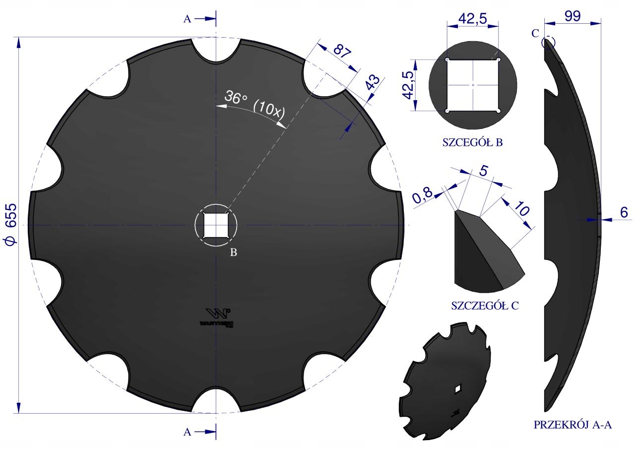 Talerz uzębiony Z-10 fi 660 otwór 40x40 grubość 6mm stal borowa WARYŃSKI R Producent części Waryński