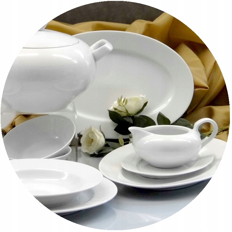 Serwis obiadowo-kawowy Yvette Malcer E755 w białej porcelanie