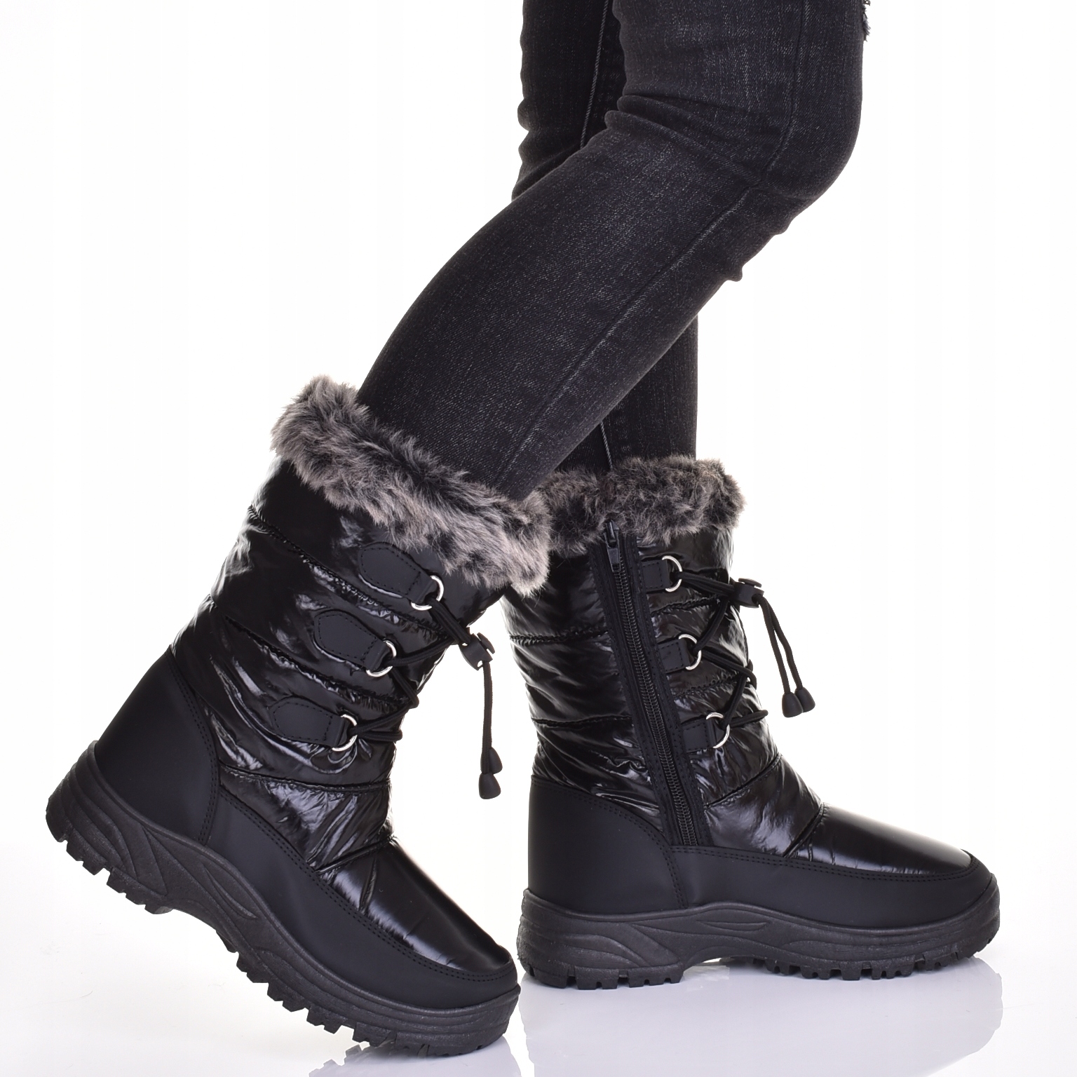 WYGODNE DAMSKIE ŚNIEGOWCE Z FUTERKIEM CIEPŁE BUTY ZIMOWE CZARNE Rozmiar 41