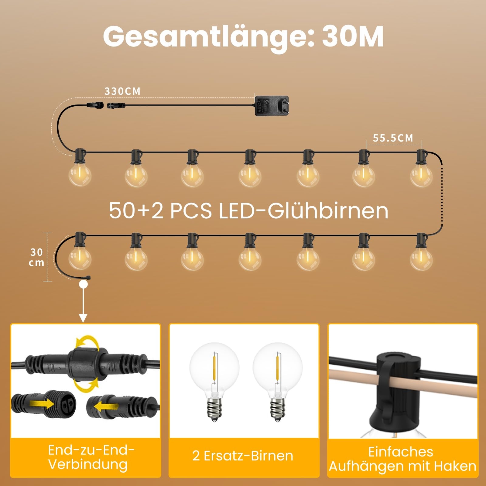 YUUSEI 30M Girlanda LED Zewnętrzna Pilot 52 Żarówki IP45 Ciepły Biały — miniatura 4
