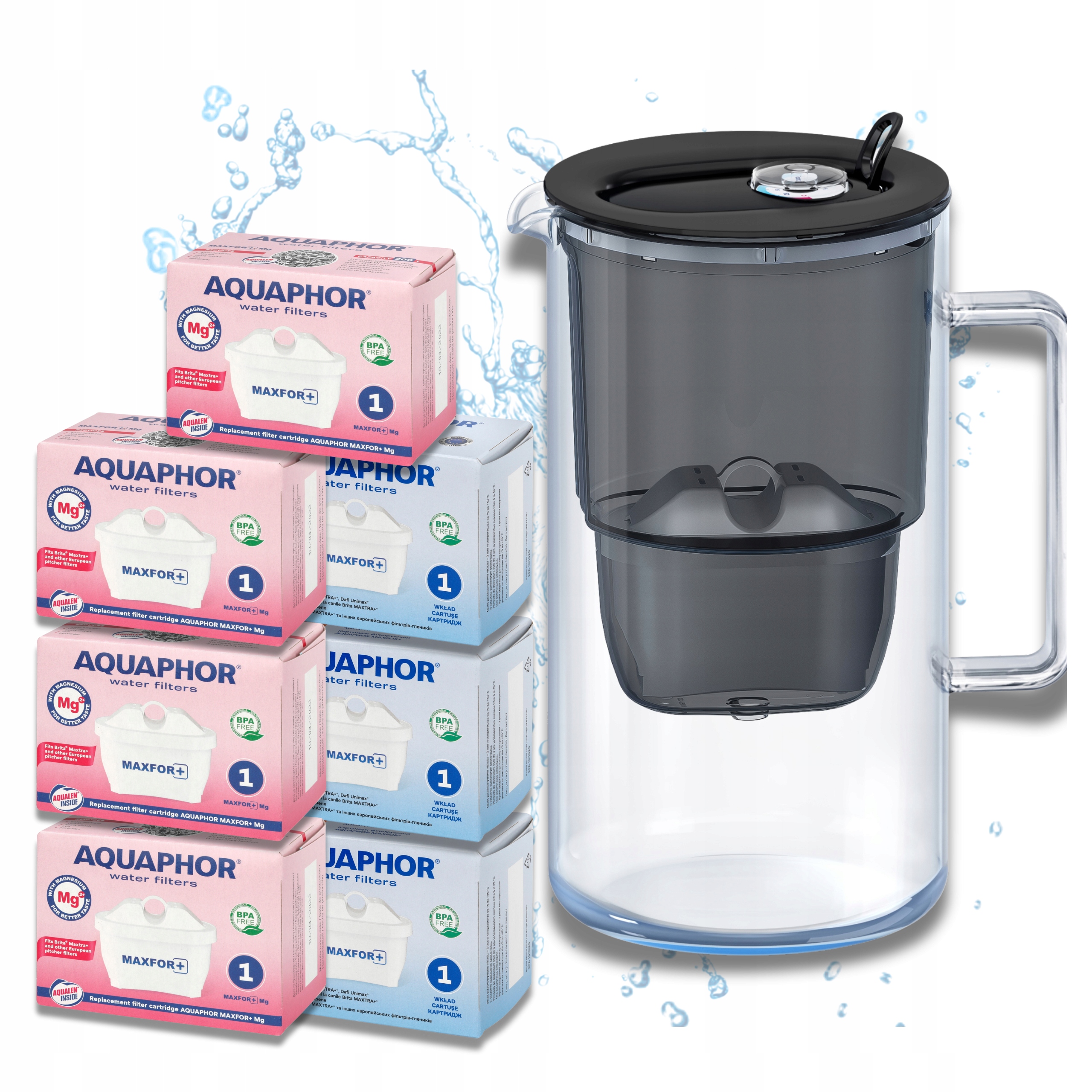Filtrační konvice 7 filtrů Maxfor (4Mg+3) Aquaphor Sklo černé skleněné