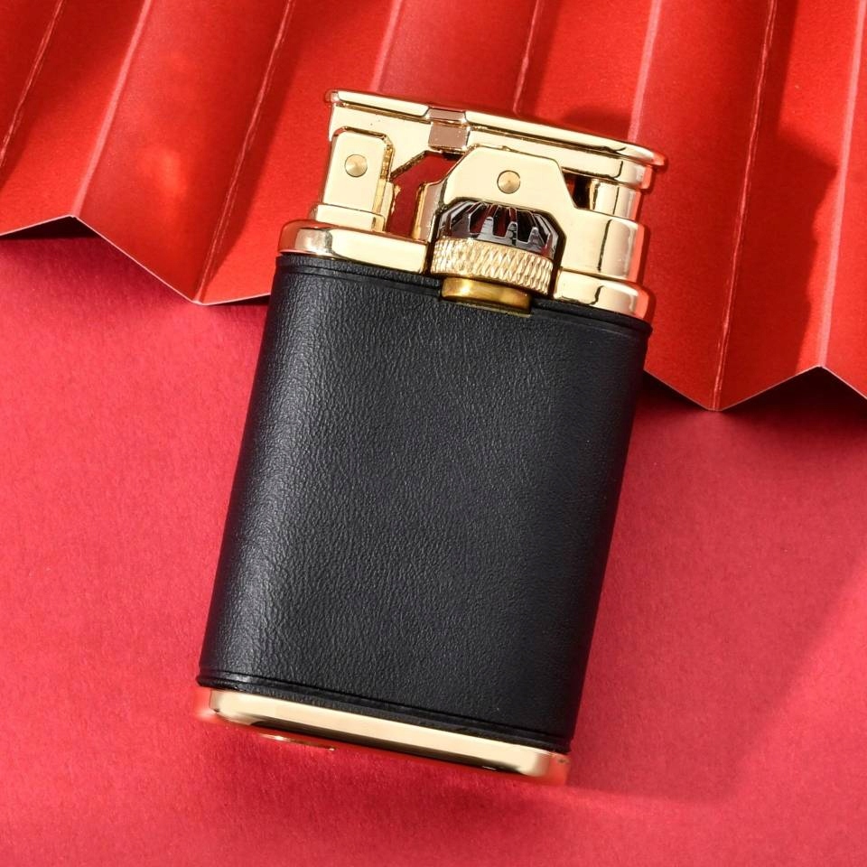 Zapalovač benzínový retro, kůže a kov, černý