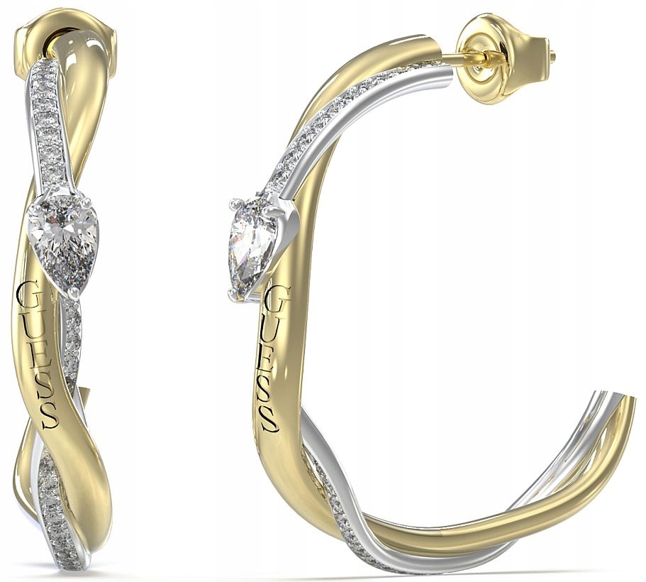 Elegantní Náušnice Guess Twist Závěsné Stříbrno-zlaté S Krystaly 33 mm