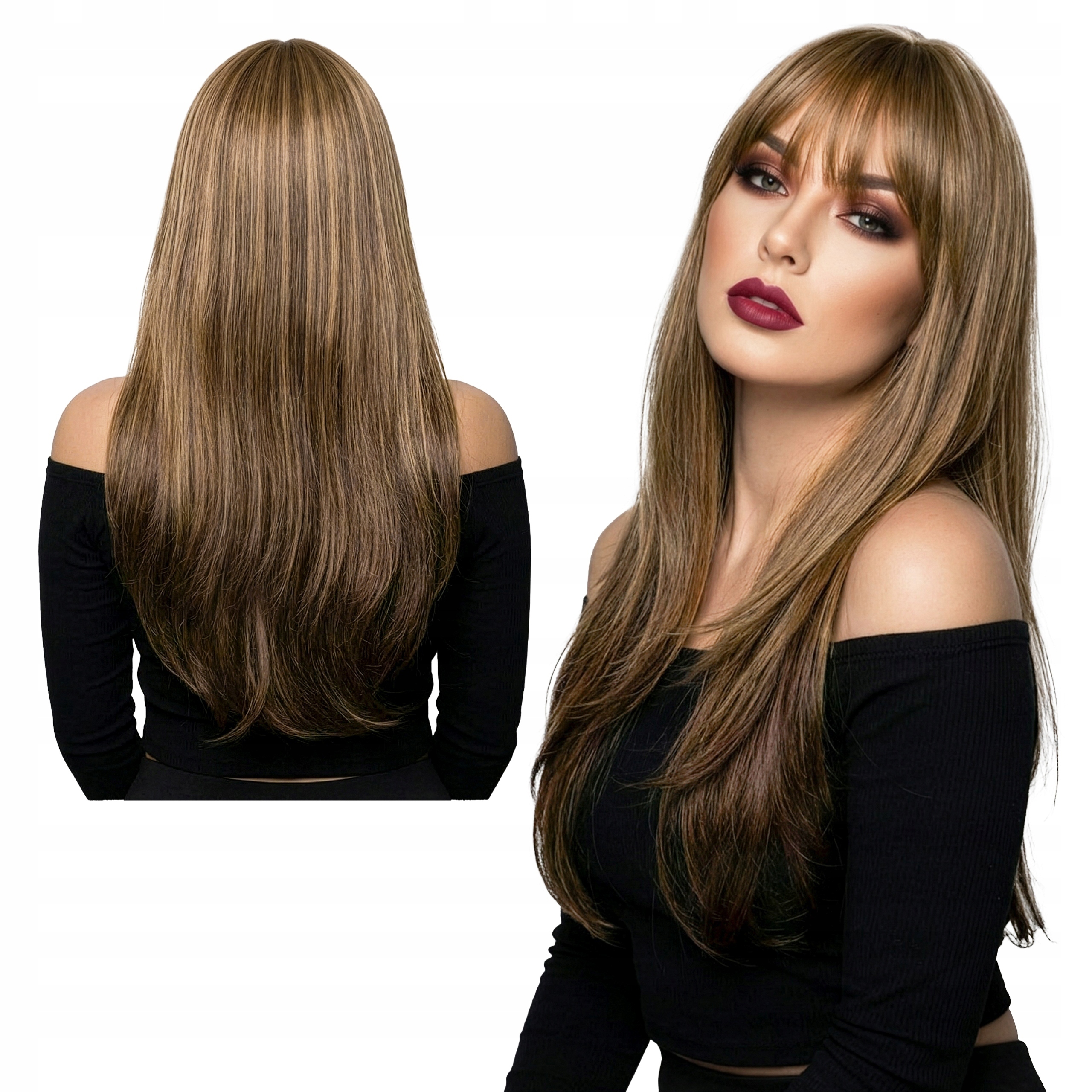 Syntetická paruka s dlouhými umělými vlasy a ofinou, 2 odstíny hnědé