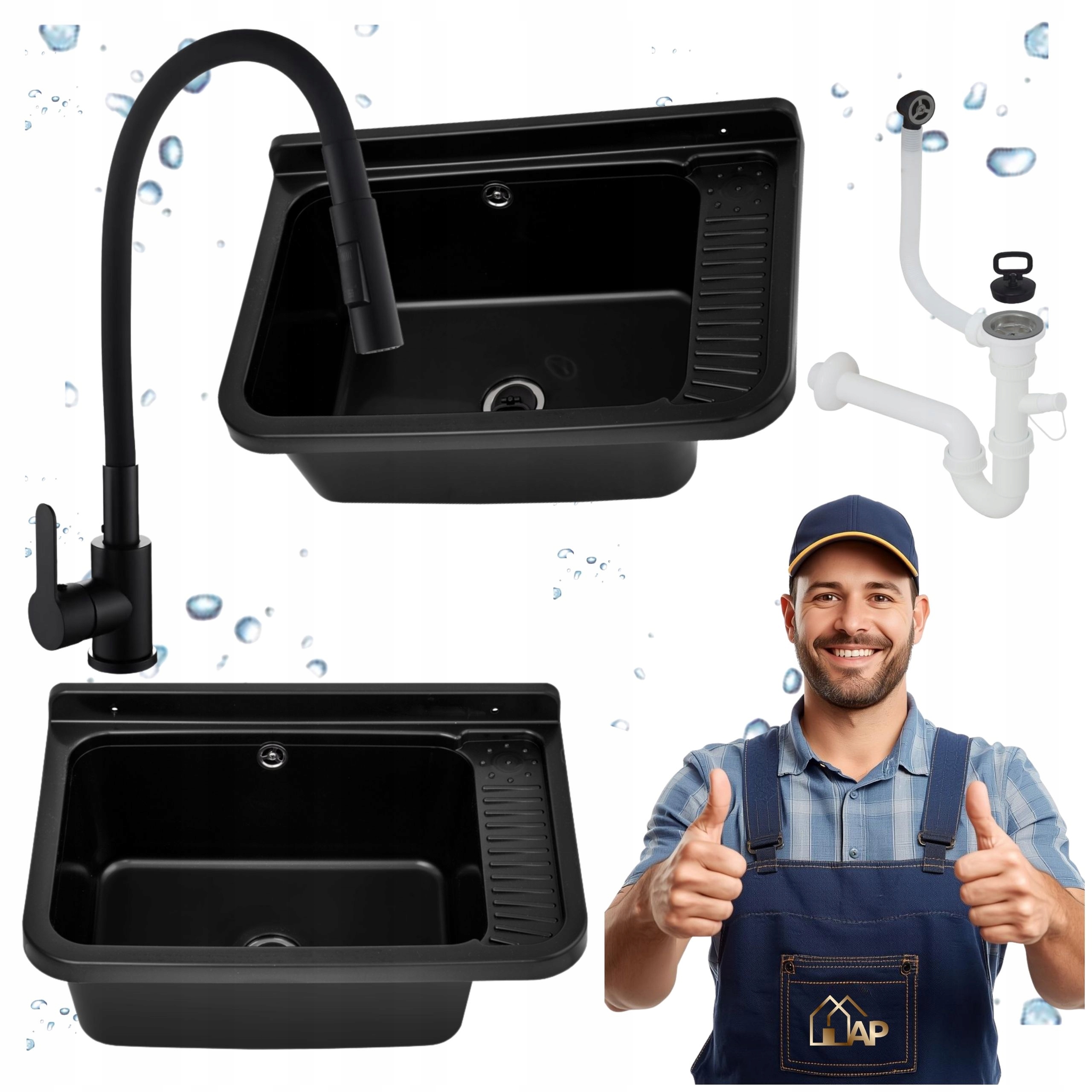 Ekonomický dřez Pracovní komora Baterie Elastická Černá Sada