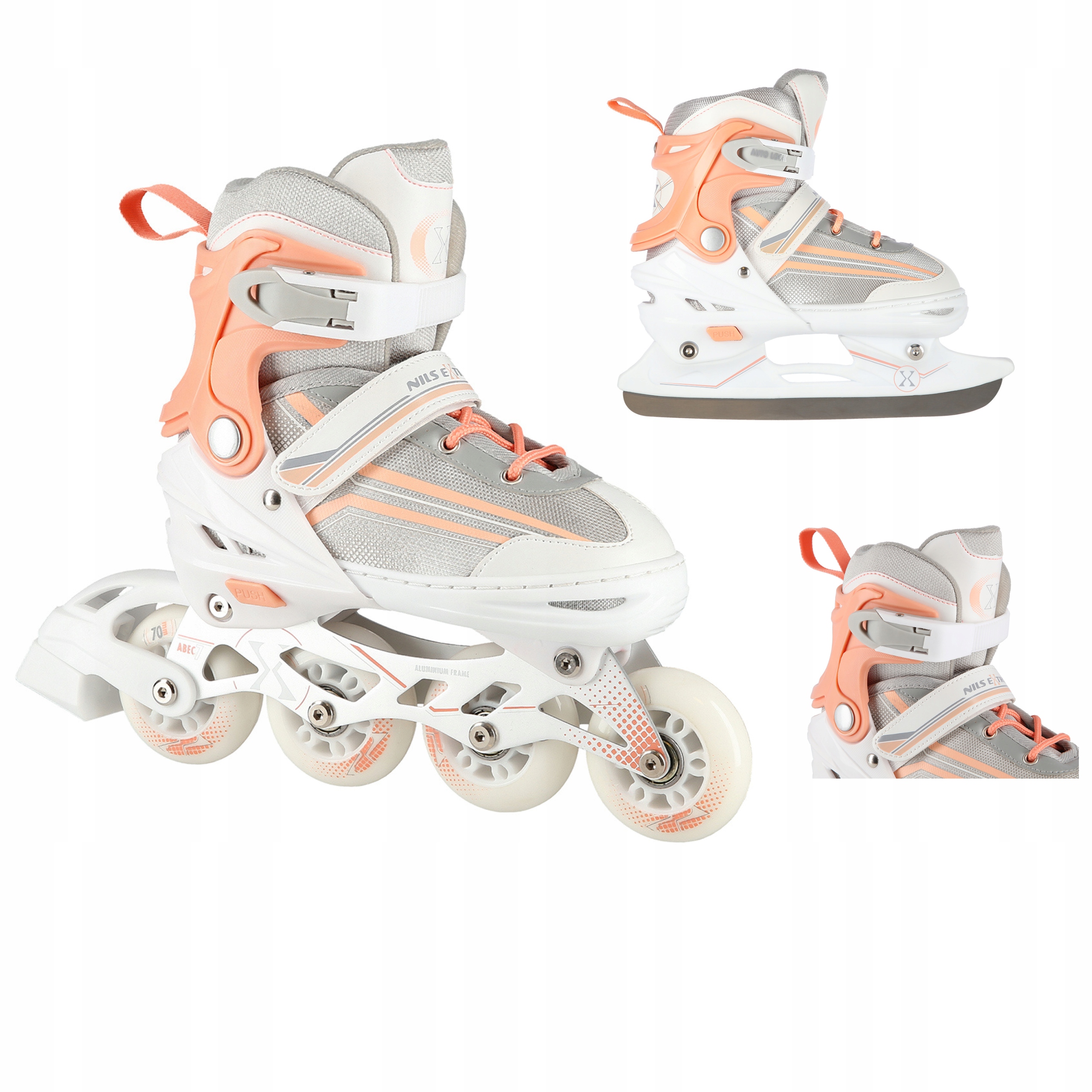 Kolečkové Brusle 2v1 nastavitelné L 39-43 bílé růžové brusle na led Nils Extreme