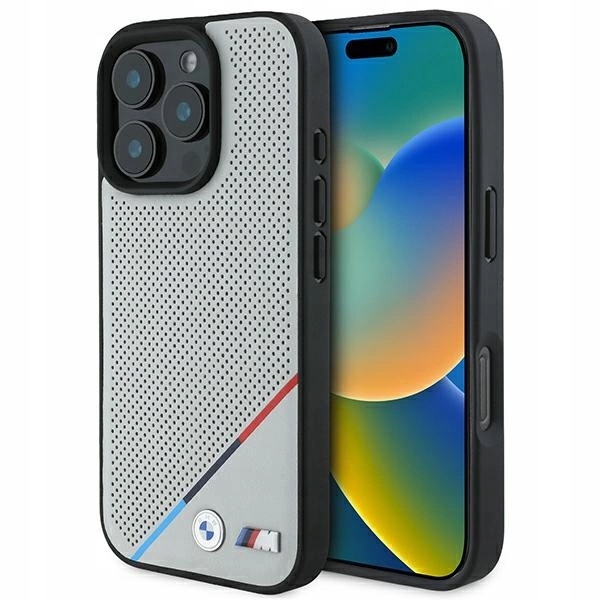 Perforovaný Pouzdro Bmw M Tricolor Line MagSafe pro iPhone 16 Pro – šedý