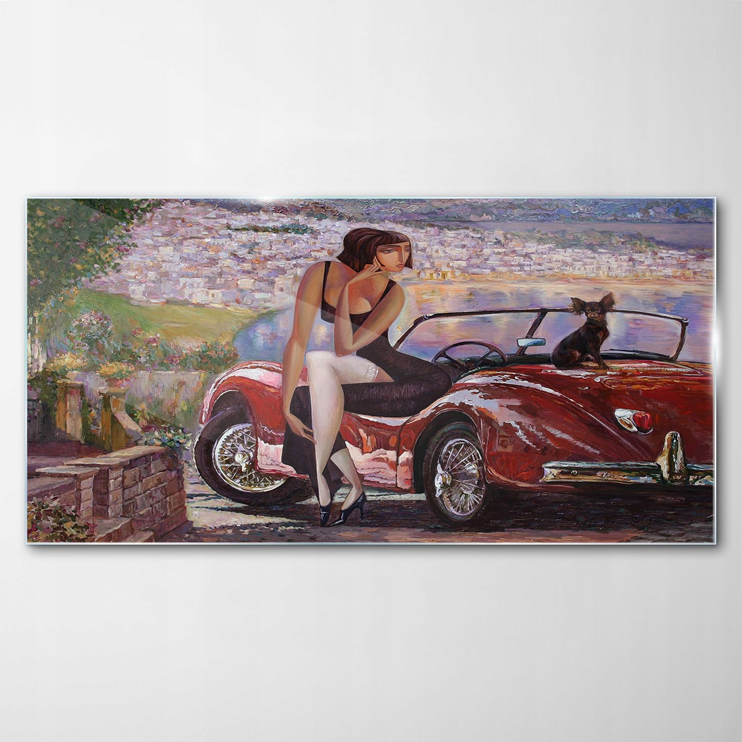 

Obraz Szklany Dekor Retro Auto Kobieta Pies 120x60