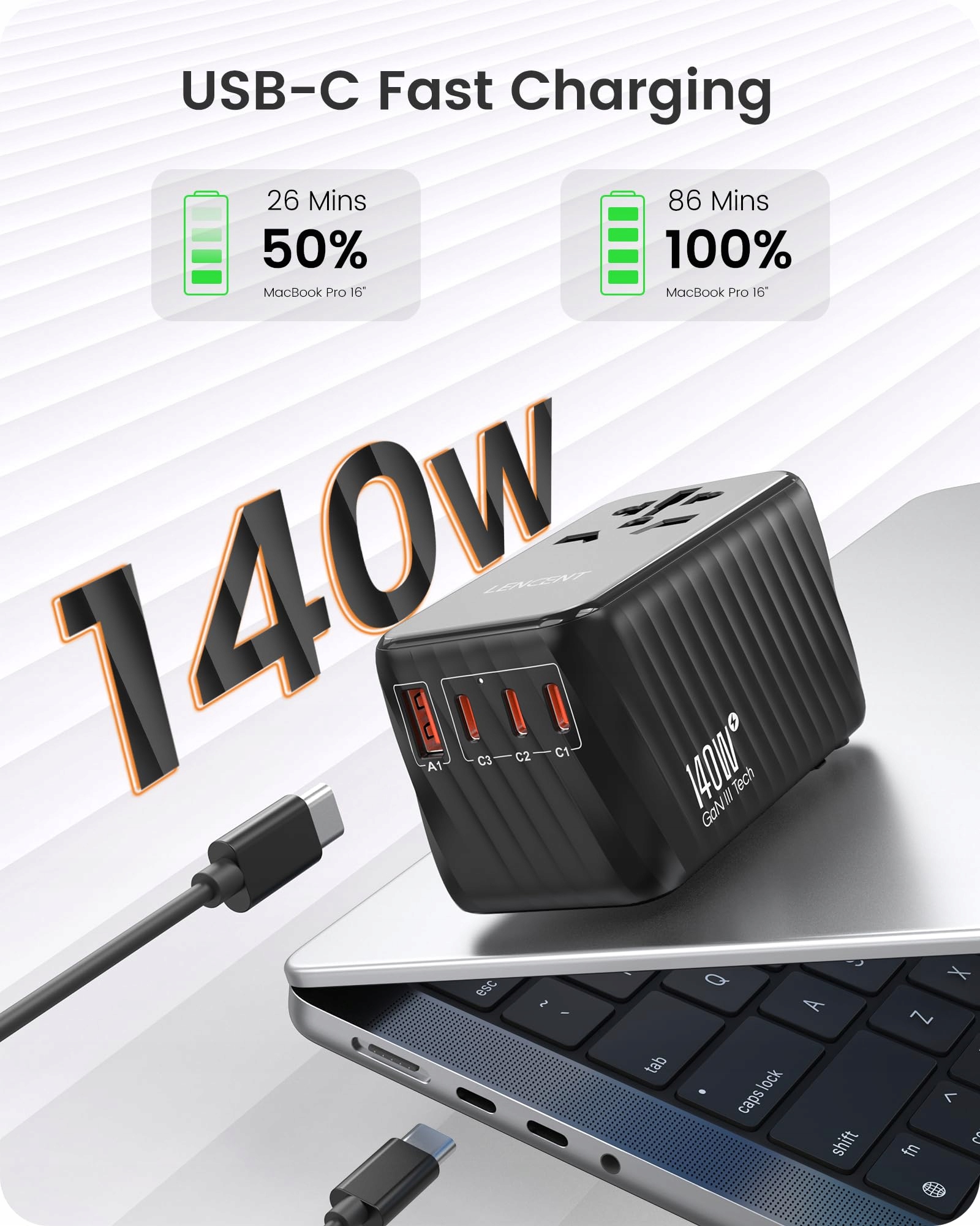 LENCENT Międzynarodowy adapter podróżny, 140 W GaN3, uniwersalny z 3 PD3.1 — miniatura 2