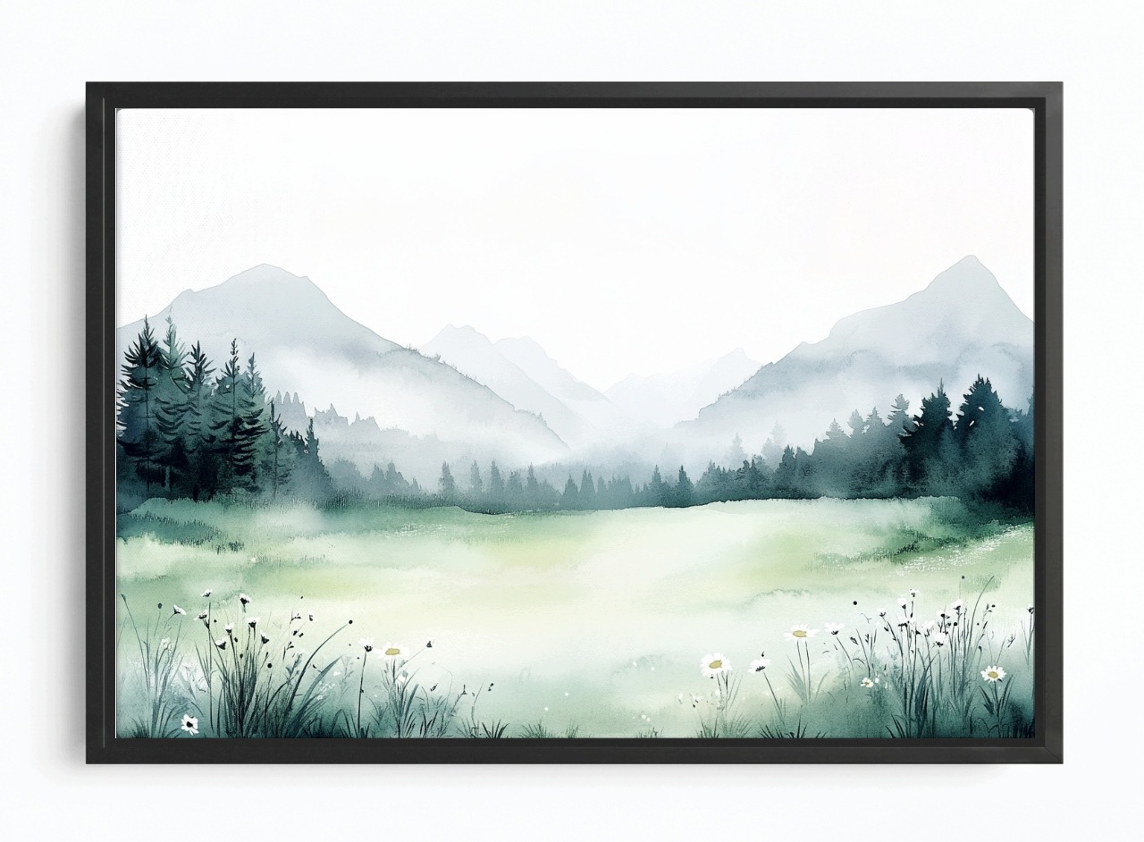 Obraz Rám Americký Box Akvarel Krajina Hory Louka Květiny Jaro Mlha 120x80