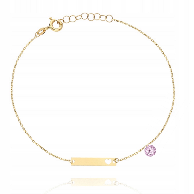 Zlatý náramek s plechem a růžovým srdíčkem zirkon PR.585