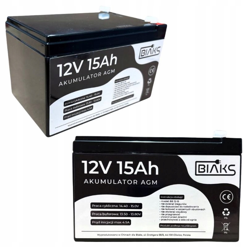 Akumulator 12V 15Ah Biaks bezobsługowy Agm (wymiar 12Ah 14Ah) do alarm Ups