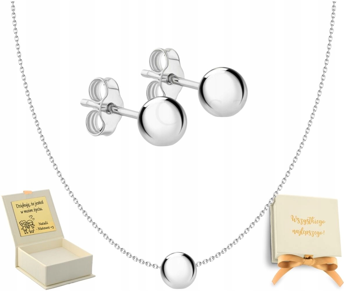 Kuličkový Set Náušnice Náhrdelník S Kuličkou 50 CM Stříbro 925 Dárek Gravírování
