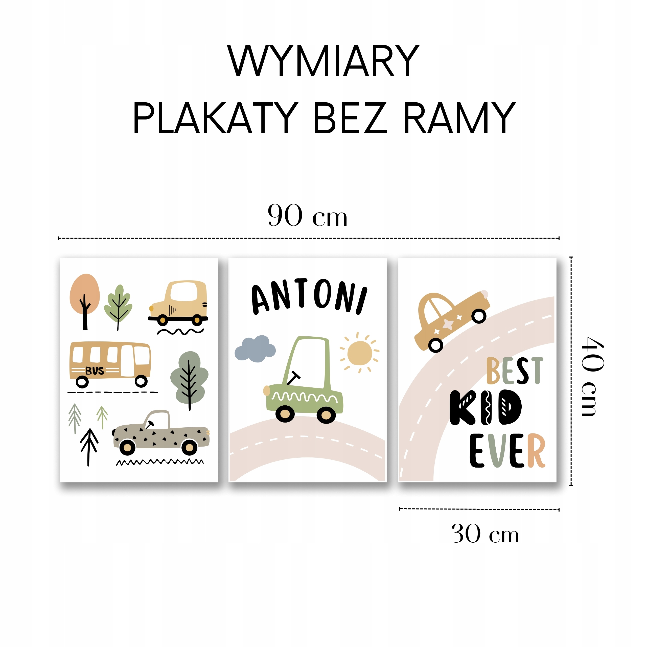 OBRAZKI DO POKOJU CHŁOPCA PLAKATY Z SAMOCHODAMI DLA DZIECI IMIĘ DZIECKA A3 Długość 90 cm