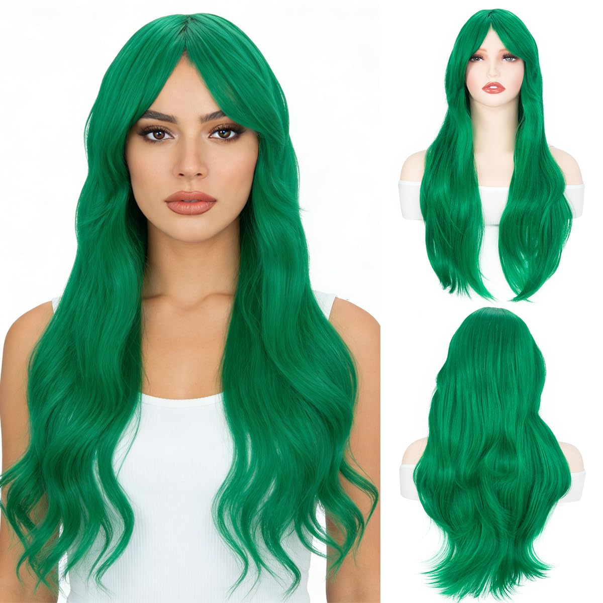 Parxitn Zelená paruka s hřívou 70 cm Dlouhá vlnitá cosplay