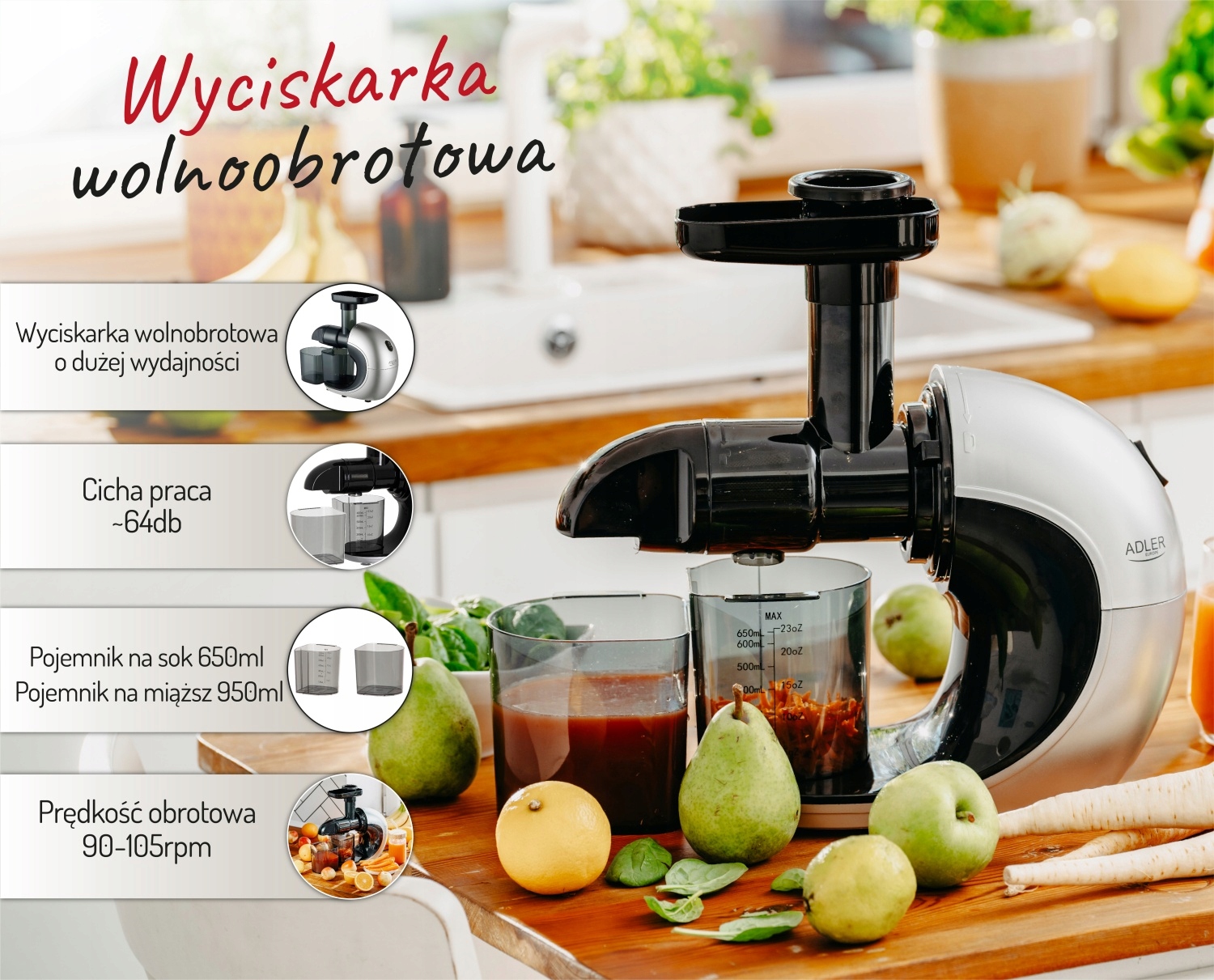 Wyciskarka Wolnoobrotowa Adler AD 4130 - Cicha, Wydajna, Ślimakowa