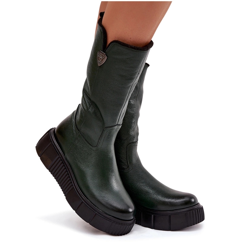 Kožené Kozačky Na Platformě A Podpatku Zazoo 70121 Olivové 39