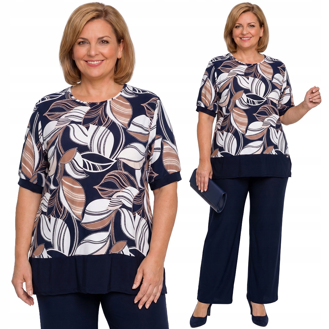 Tmavě modrá bílo-hnědá halenka s listy plus size velikost 58