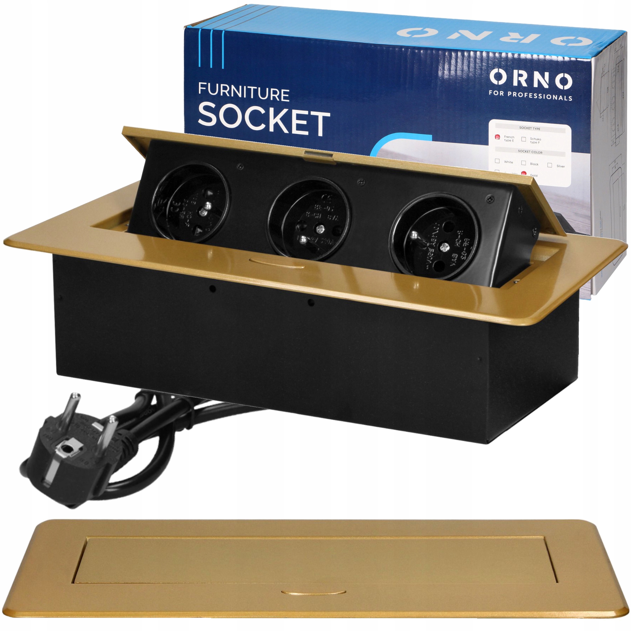 Gniazdo Wpuszczane Chowane w Blat Nablatowe Potrójne Kabel 1,5m Złote Orno