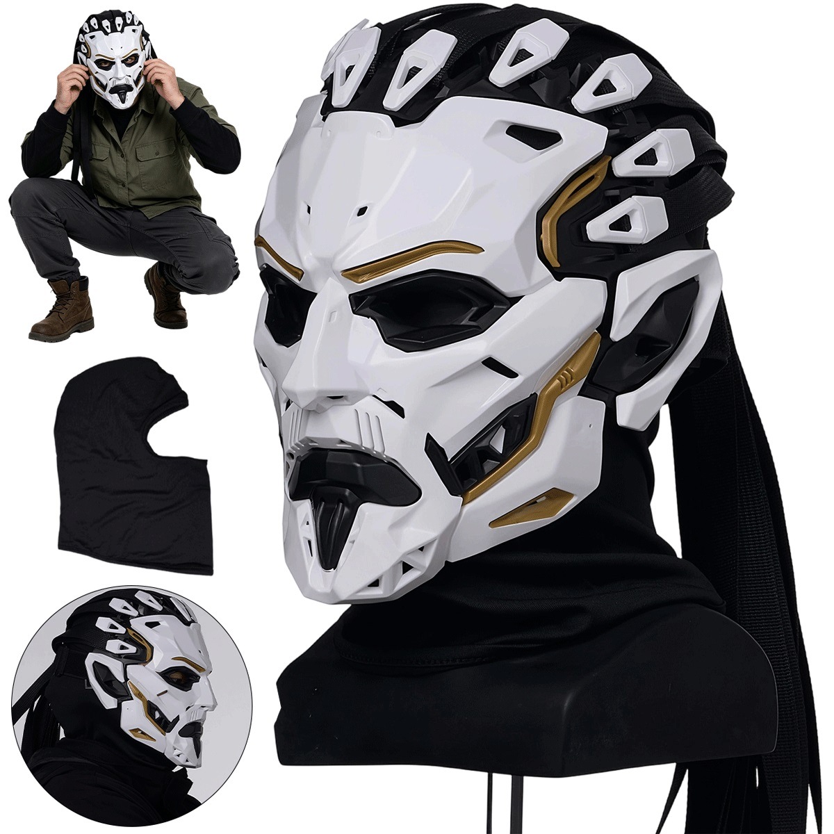 Celoobličejová cyberpunková maska bílo-zlatá – rekvizita na cosplay a Halloween