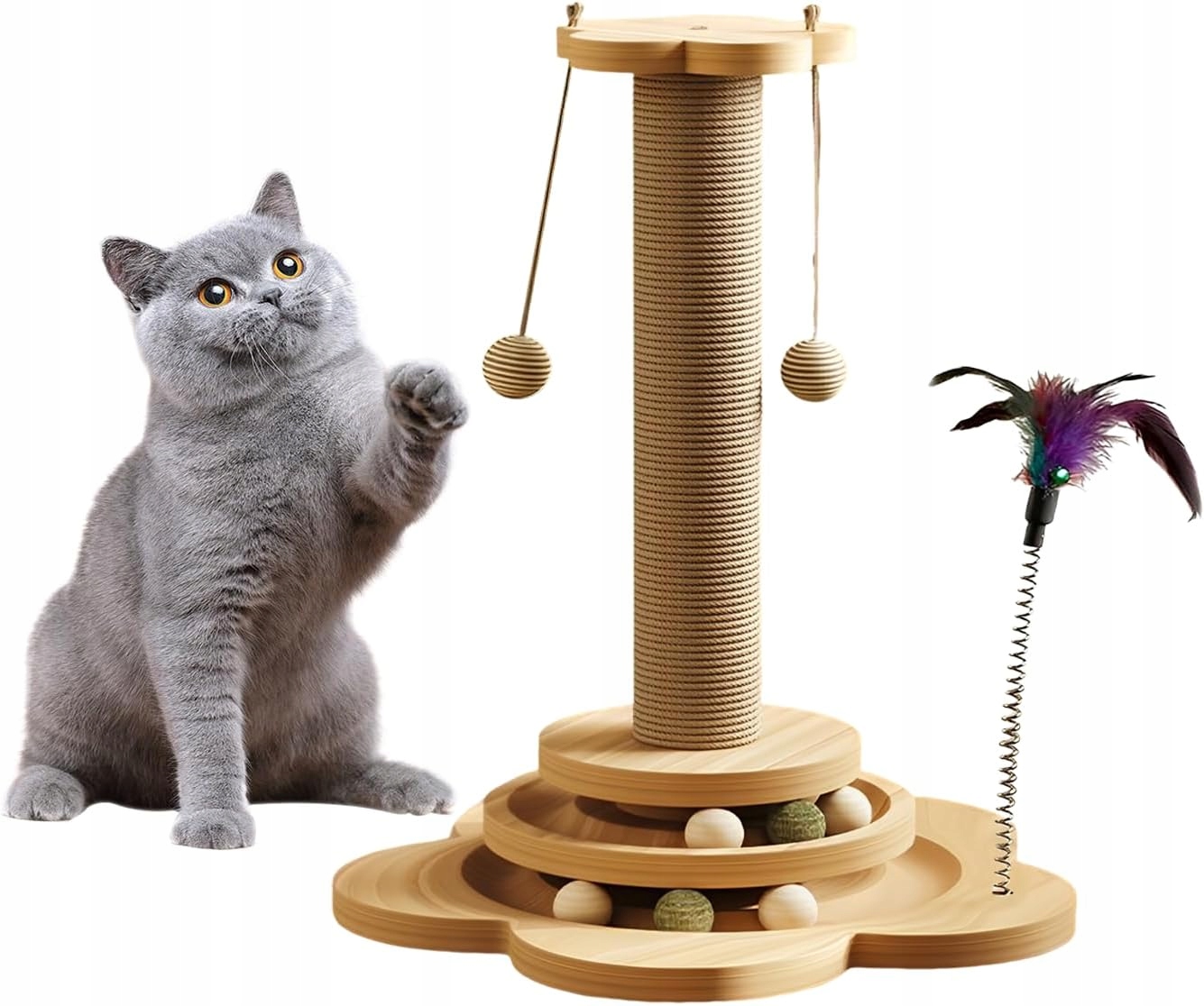 Levně Stojací Škrabadlo Pro Kočky S Kuličkami A Peřím, Výška 44.5 CM, Sada Hraček