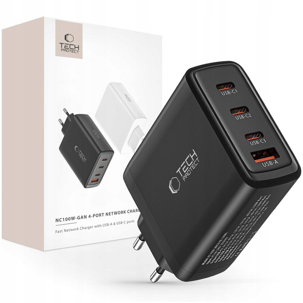 Tech-protect NC100W-GAN 4-PORT Síťová Nabíječka PD100W/QC3.0 Černá