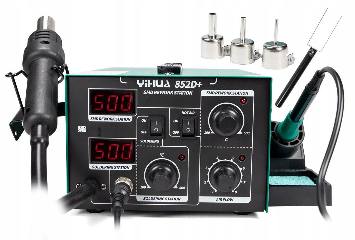 Pájecí stanice Yihua 852D+ 600W 2v1 hot air hrotová Led Esd Pid 900M-T